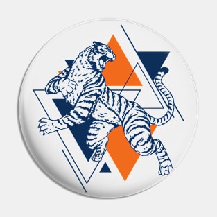 Retro Orange & Blue Tiger on the Attack // Vintage Geometric Shapes Background Pin