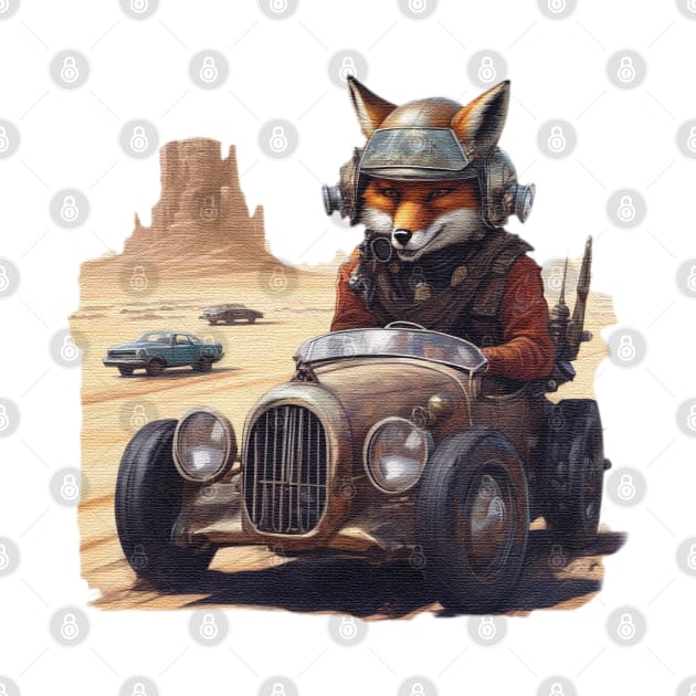 a Fox racing a car across the desert by JnS Merch Store