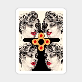 Black cross and woman with golden earring and red lips Magnet