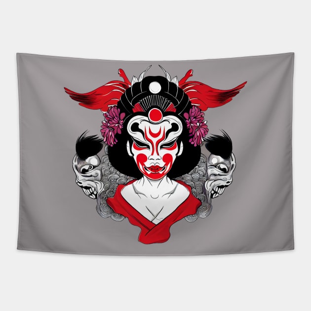 Japanese geisha with oni mask, tattoo style design Tapestry by Ravenglow