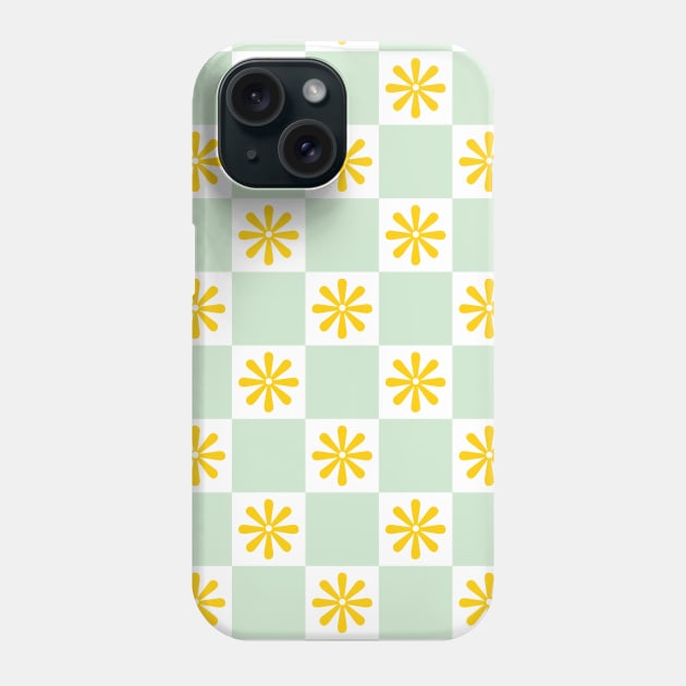 Retro Yellow, Green Checkered Floral Pattern Phone Case by Just a Cute World