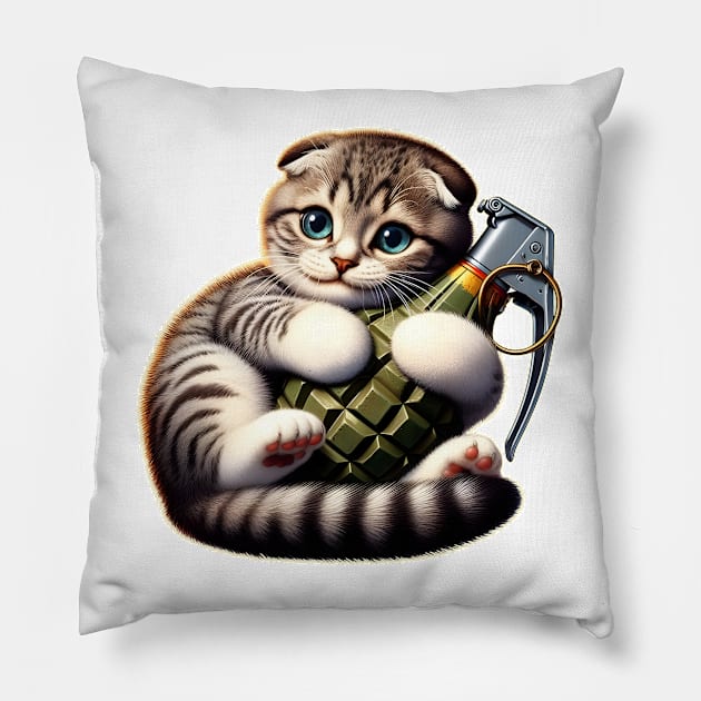 Cat and Grenade Pillow by Rawlifegraphic