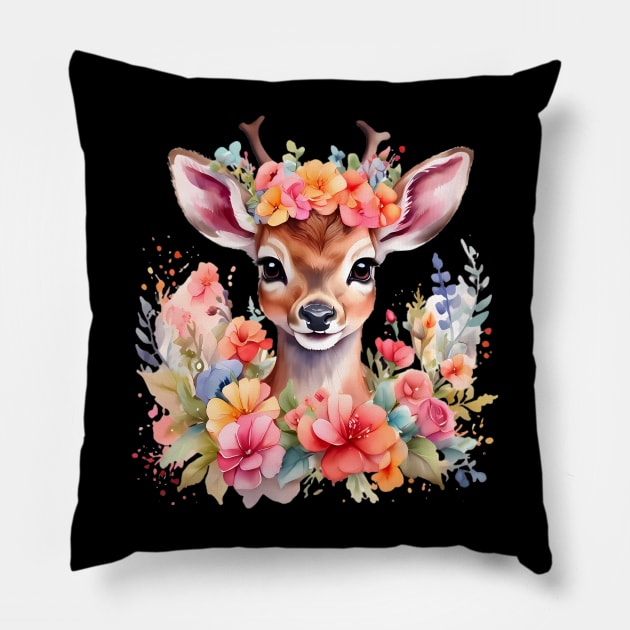 A baby deer decorated with beautiful watercolor flowers Pillow by CreativeSparkzz