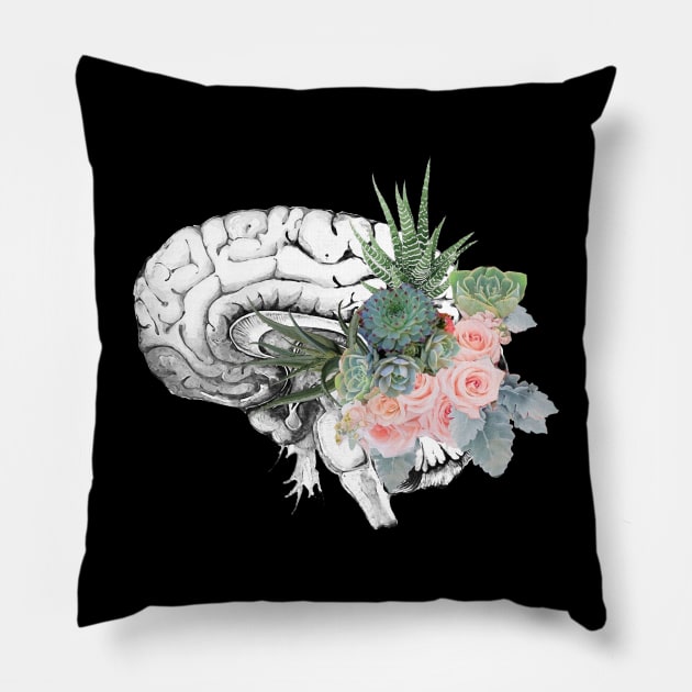 Brain human anatomy,succulents plants and roses, mental Pillow by Collagedream