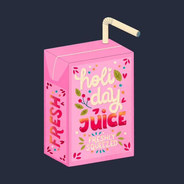 Juice box with hand lettering holiday juice. Cute festive winter holiday illustration. Bright colorful pink and blue greeting card. by BlueLela