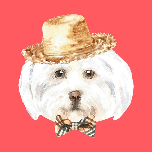 Shih Tzu Wearing Straw Hat and Bowtie by LaarniGallery