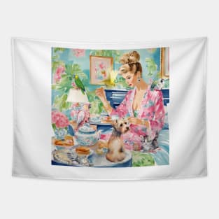 Breakfast in bed, preppy whimsical painting Tapestry