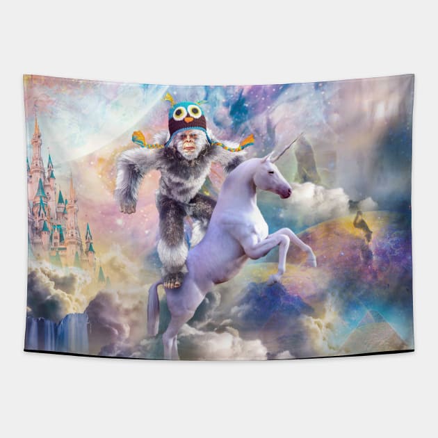 Bigfoot Yeti Sasquatch Riding Unicorn Tapestry by Random Galaxy