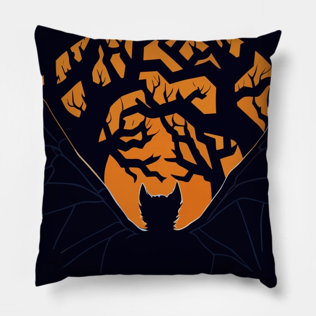 Spooktacular Black And Orange Halloween Vampire Bat Sunset Pillow by ZAZIZU
