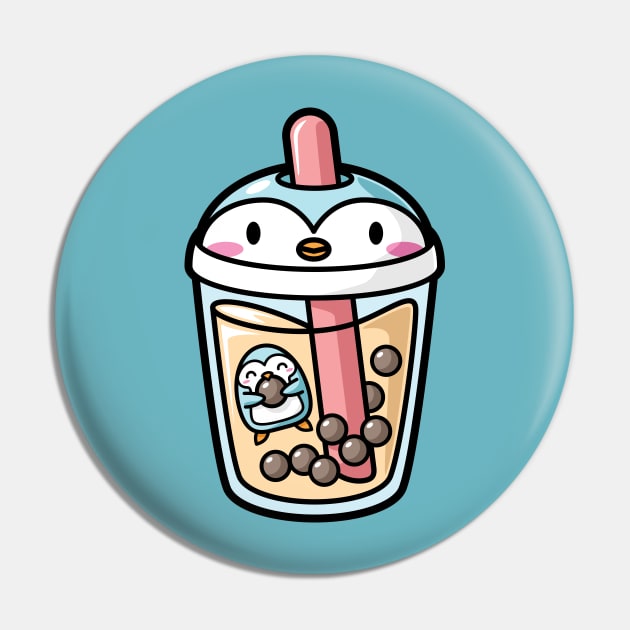 Bubble Tea with Cute Kawaii Penguin Inside Pin by BobaTeaMe