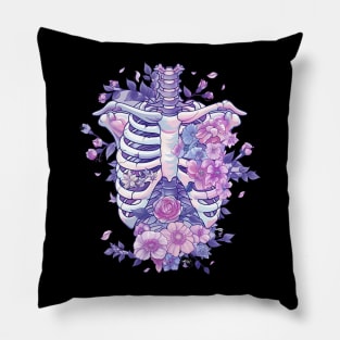 Pastel Goth Kawaii Floral Ribcage Creepy Cute Aesthetic Pillow