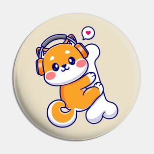 Cute Shiba Inu Hug Bone With Headphone Cartoon Pin