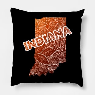 Colorful mandala art map of Indiana with text in brown and orange Pillow