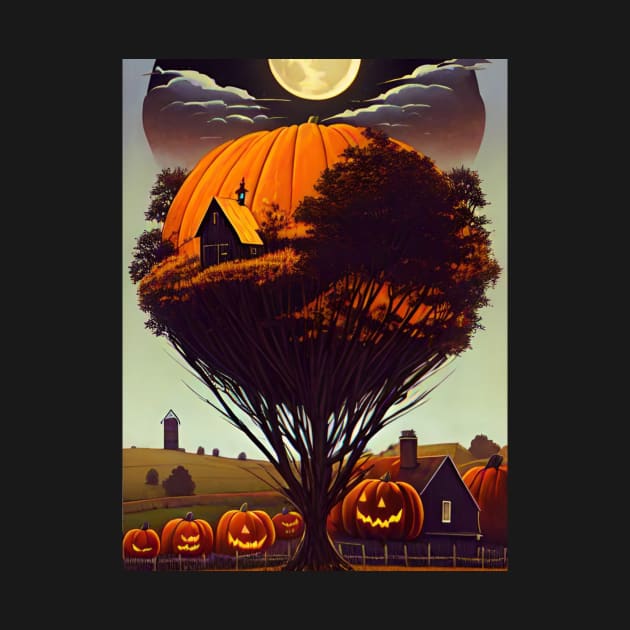 Halloween with tree, house,cornfield, moon, scarecrow by WhiteTeeRepresent