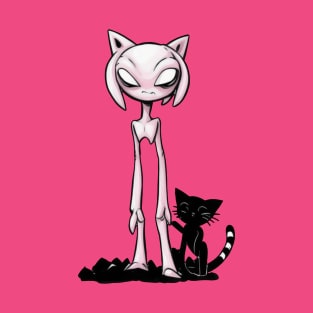 Cosmic Feline Encounter - Pink Alien and Black Cat Delight T-Shirt