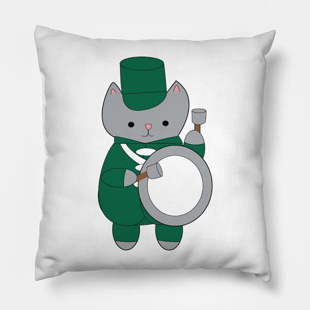 Cat Marching Band Bass Drummer Green and White Pillow by Beautiful Cuteness