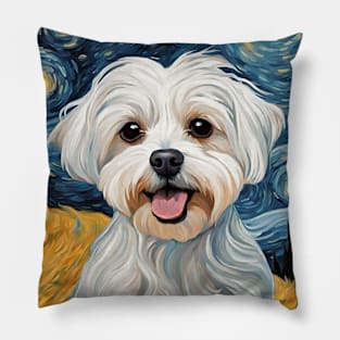 Maltese Dog Breed Painting in a Van Gogh Starry Night Art Style Pillow