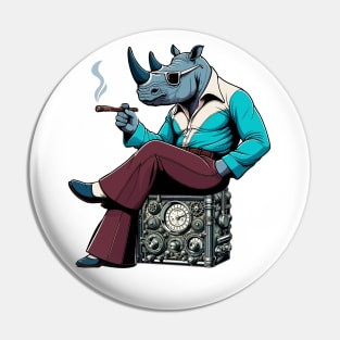 70s rhino Relaxing on steampunk Radio - Unique Digital Art Pin