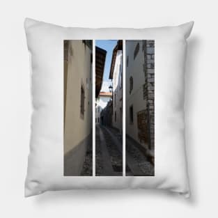 North Italy Life in the center of the lombard medieval city. Walking through narrow streets and walls. Sunny summer day. (vertical) Pillow