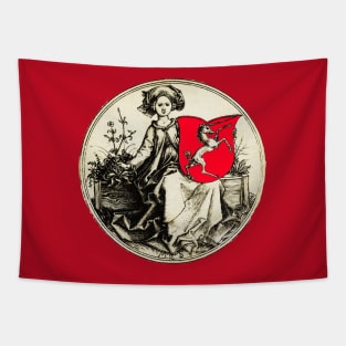 MEDIEVAL LADY HOLDING A SHIELD WITH RAMPANT UNICORN in Black White Red Tapestry