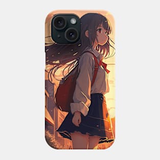 Magical Anime Sunset: Sailor Schoolgirl's Cityscape Journey Phone Case