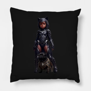 Black Pug Puppy and Heroic African Princess Pillow