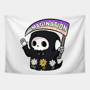 Cute grim reaper rainbow imagination with daisy flowers Tapestry