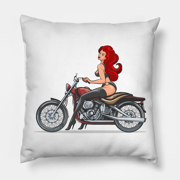 Red hair Sexy Girl on Vintage motorcycle Pillow by devaleta