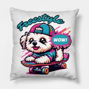 Maltipoo skating. Freestyle. Cute dog. Colorful. Playful Pillow