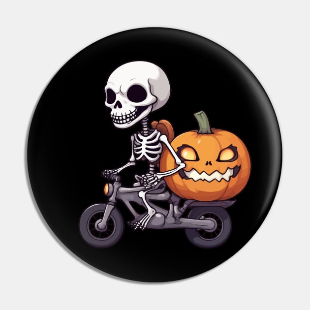 Skeleton Riding Vintage Bicycle Halloween Funny Pumpkin Pin by Rishirt