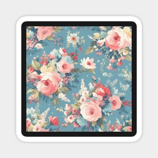 Shabby Chic Floral Flowers, Pretty Feminine Pattern on Blue Background Magnet