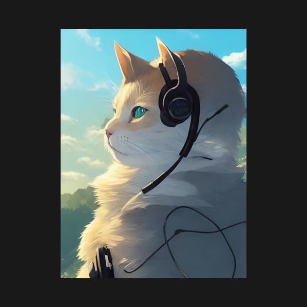 Orange cat wearing headphones with blue sky background by RavenRarities