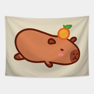Cute Lazy Capybara with Orange on Head Tapestry