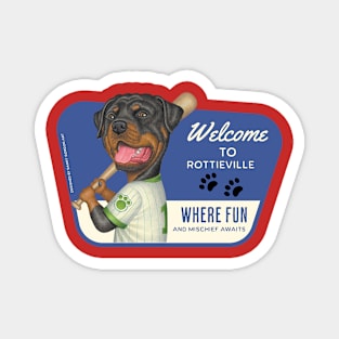 Cute Rottweiler in Baseball Uniform in Rottieville for fun Magnet