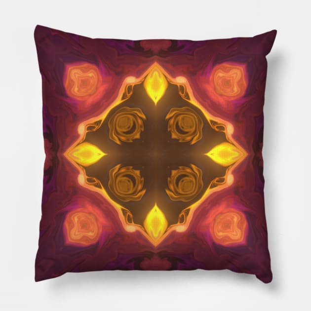 Psychedelic Kaleidoscope Square Yellow Orange and Purple Pillow by WormholeOrbital