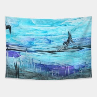 Landscape in blue shades. Encaustic, art decoration, sketch. Tapestry