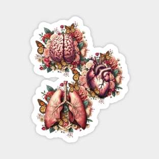 Human organs, art with vintage anatomy floral and butterflies, botany, heart, lungs and brain with floral Magnet