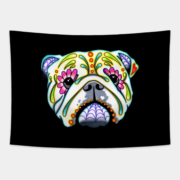 English Bulldog - Day of the Dead Sugar Skull Dog Tapestry by prettyinink