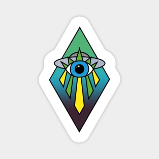 UFO Eye Art Deco Geometric Diamond Shape Dark Green Blue Sea Sky Space Illuminati Pyramid Magnet