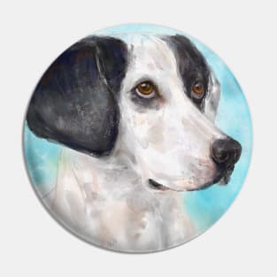 Watercolor Painting of a Black and White Dog on Light Blue Background Pin