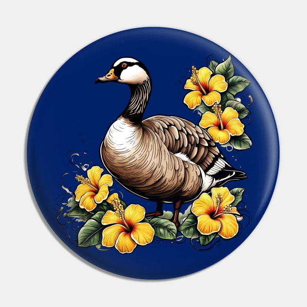 Cute Nene Hawaiian Goose With Yellow Hibiscus Pin by taiche