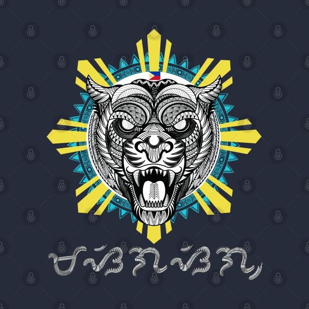 Philippine Sun Tribal line Art Tiger / Baybayin word Masigasig (Enthusiastic/Diligent) by Pirma Pinas