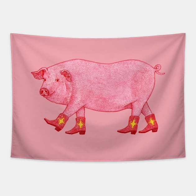 Marjorie the cowgirl pig Tapestry by AnyoneCanYeehaw