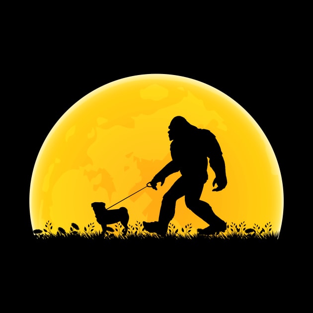 Bigfoot Walking Pug Dog Moon Sasquatch by ChrifBouglas