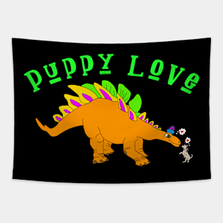 Puppy Stegosaurus Dinosaur Love Tapestry