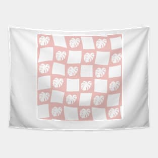 Large Monstera Deliciosa Leaf Checker Board - pastel blush pink Tapestry