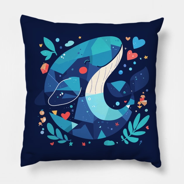 Geometrical Colorful Blue Whale. Adorable Mosaic Cute Kawaii Simple Animal Pillow by SappiDigital