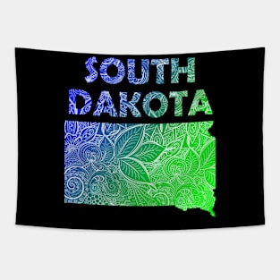 Colorful mandala art map of South Dakota with text in blue and green Tapestry