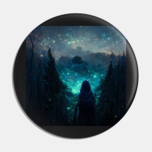 Black hooded witch in a forest with magical blue stars in the sky Pin