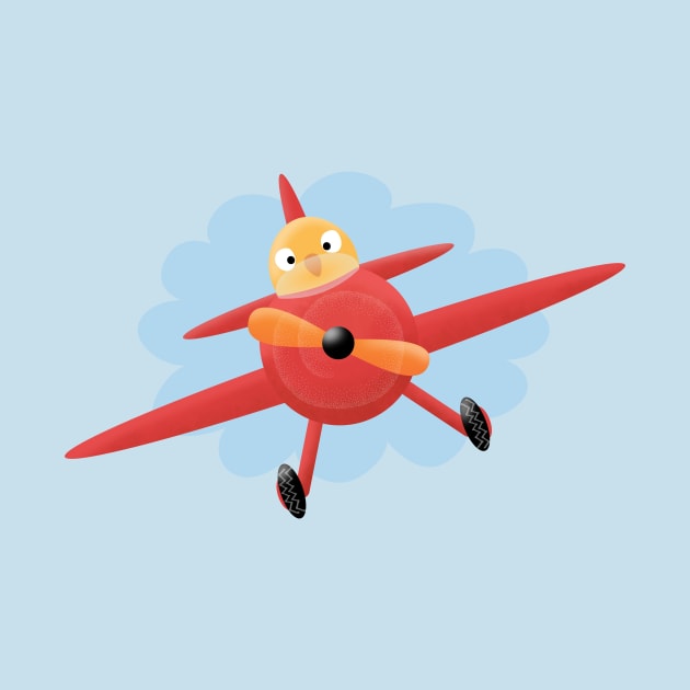 Cute bird flying red airplane cartoon illustration by FrogFactory